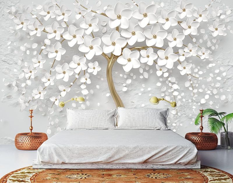 Photo 1 of  Flower Tree Wall Mural with Gold Tree Body Floral Wallpaper Wall Decals for Living Room Bedroom Kids Room Motif Shop
