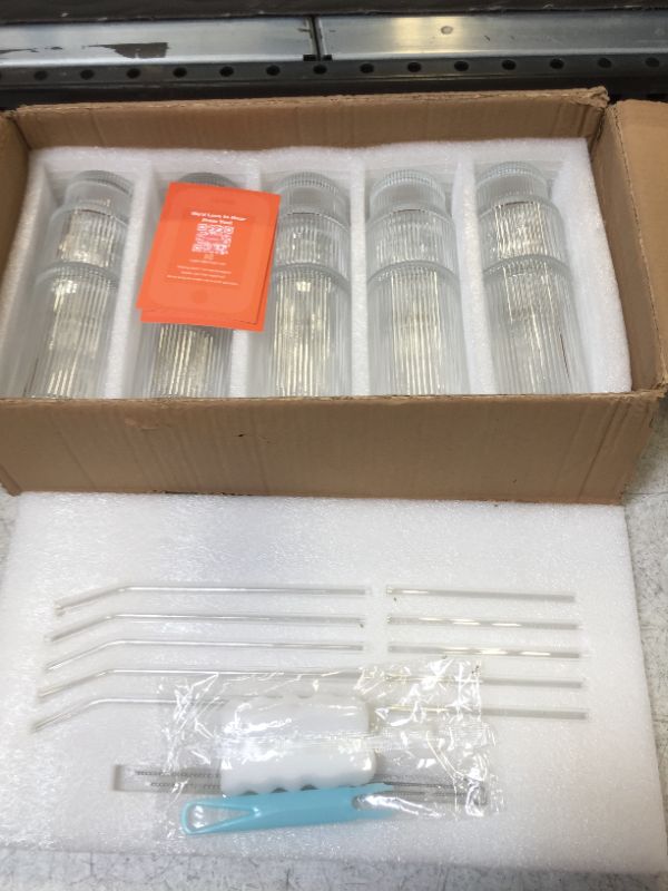 Photo 1 of  Ribbed Drinking Glasses with Glass Straws, Vintage Iced Coffee Cups Glassware, Origami Style Ridged Glass Tumbler for Coocktail, Whiskey, Beer, Water - 2 Cleaning Brush- 10 SET 

