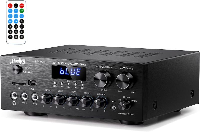 Photo 1 of Moukey Home Audio Amplifier Stereo Receivers with Bluetooth 5.0, 220W 2 Channel Power Amplifier Stereo System, w/USB, SD, AUX, MIC in w/Echo, LED for Home Theater Speakers via RCA, Studio Use - MAMP1
