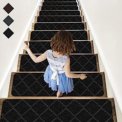 Photo 1 of 2pc Non-Slip Carpet Stair Treads 8 X 30in - Slip-????????? Indoor Runner for ?????? and Comfort - Rug with Reusable Adhesive Ideal for Kids, Elders & Pet - Easy Cleaning (Black B)