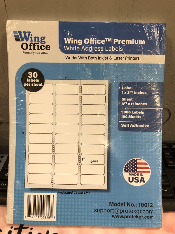 Photo 2 of Wing Office Premium Self-Adhesive Address Labels for Laser Printers and Ink Jet Printers, White, Made in USA, 1 x 2.62 Inches