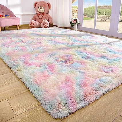 Photo 1 of 5 x 10  Soft Fluffy Rainbow Rugs for Girls Bedroom 5 x 10  Shaggy Kids Playroom Rugs, Colorful Plush Rug for Living Room Nursery, Cute Fuzzy Carpet Home Decor Mat for Baby Toddlers Teens, Rainbow