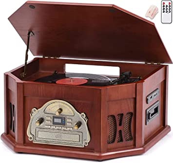 Photo 1 of ORCC 10-in-1 Record Player, Nostalgic Turntable for Vinyl Record with Bluetooth, 2 Built-in Speakers, CD, Cassette, AM/FM Radio, USB, SD Slot, Remote Control