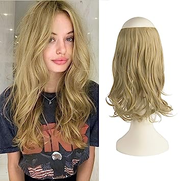 Photo 1 of FESHFEN Invisible Wire Hair Extensions with Transparent Headband Adjustable Size One Piece Synthetic Long Curly Wavy Secret Hairpieces for Women, 14 inch