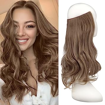 Photo 1 of FESHFEN Invisible Wire Hair Extensions with Transparent Headband Adjustable Size One Piece Synthetic Long Curly Wavy Secret Hairpieces for Women, 14 inch