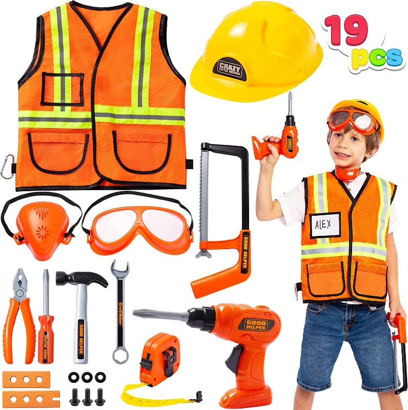 Photo 1 of JOYIN 19Pcs Kids Tool Set, Pretend Play Toddler Tool Toys with Construction Worker Hat Costume & Electronic Toy Drill for Boy Girl Halloween Christmas Gift Birthday Dress Up Party
