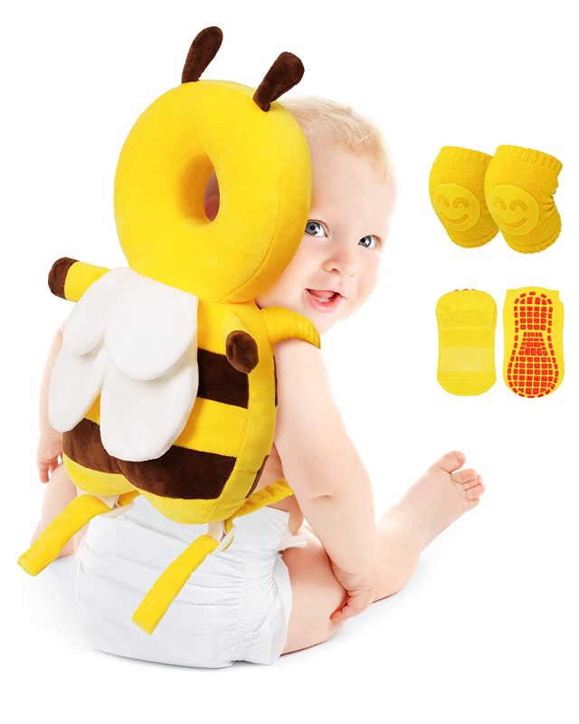 Photo 1 of Baby Head Protector Cushion Toddler Head Protection Pillow Baby Backpack with Knee Pads&Anti-Slip Socks (Bee - Crystal Velvet)
