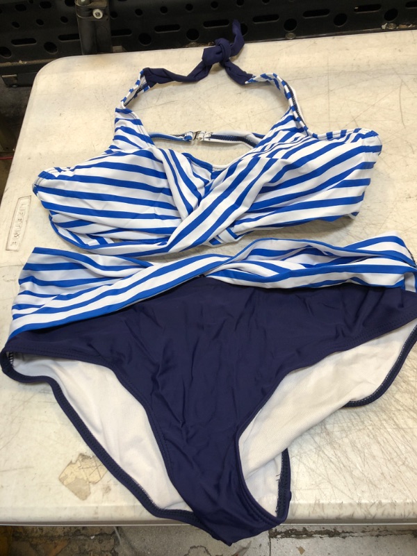 Photo 2 of Yanekop Womens Two Piece High Waisted Swimsuits Push Up Halter Bikini Striped Padded Bathing Suits X-Large Blue