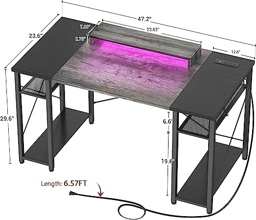 Photo 1 of armocity Computer Desk with LED Lights, 48 Inch Desk with Power Outlet and USB, Reversible Large Desk with Moveable Monitor Stand, 48'' Gaming PC Table for Home Office, Workstation, Grey and Black