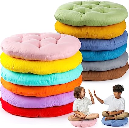 Photo 1 of 12 Pieces Floor Pillows Cushions Round Seat Pillows Seating 15 x 15 Inches Color Chair Cushions Floor Pillow Reading Cushion for Kids Adults Classroom Home Living Room School Playing Yoga Supplies