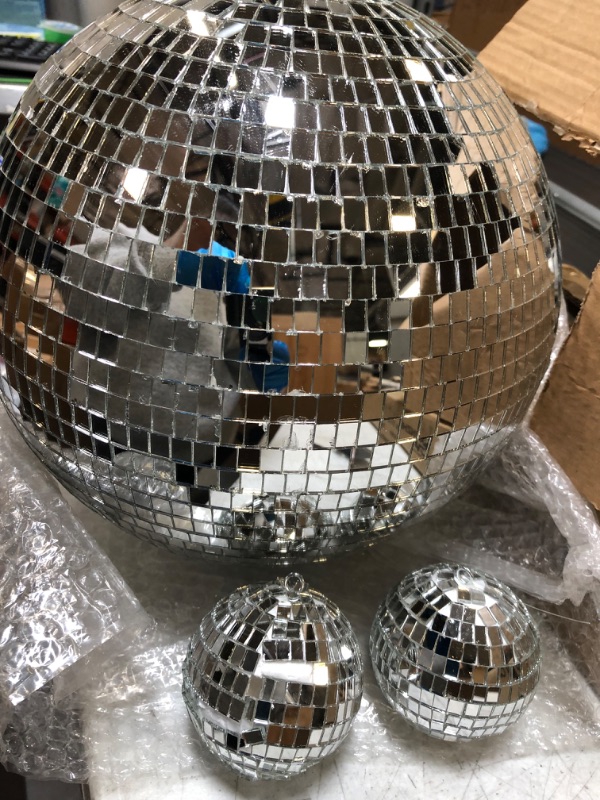 Photo 2 of 4 pack Large Disco Ball Silver Hanging Disco Balls Reflective Mirror Ball Ornament for Party Holiday Wedding Dance and Music Festivals Decor Club Stage Props DJ Decoration (12 Inch, 3 Inch)