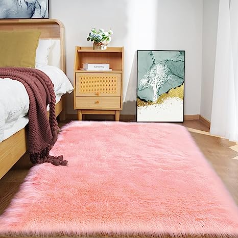 Photo 1 of 5x7 Pink Fluffy Rug for Living Room Faux Sheepskin Fur Rug Washable Area Rug Bedroom Rugs Shaggy Rug for Sofa Floor Fuzzy Rug for Grils Room Décor Pink Room Décor Rectangle
