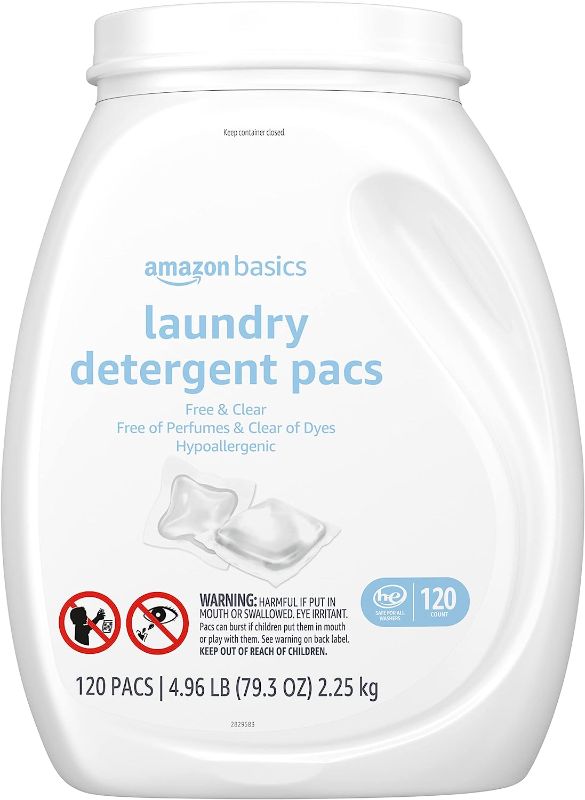 Photo 1 of Amazon Basics Laundry Detergent Pacs, Hypoallergenic, Free & Clear, 120 Count (Previously Solimo)
