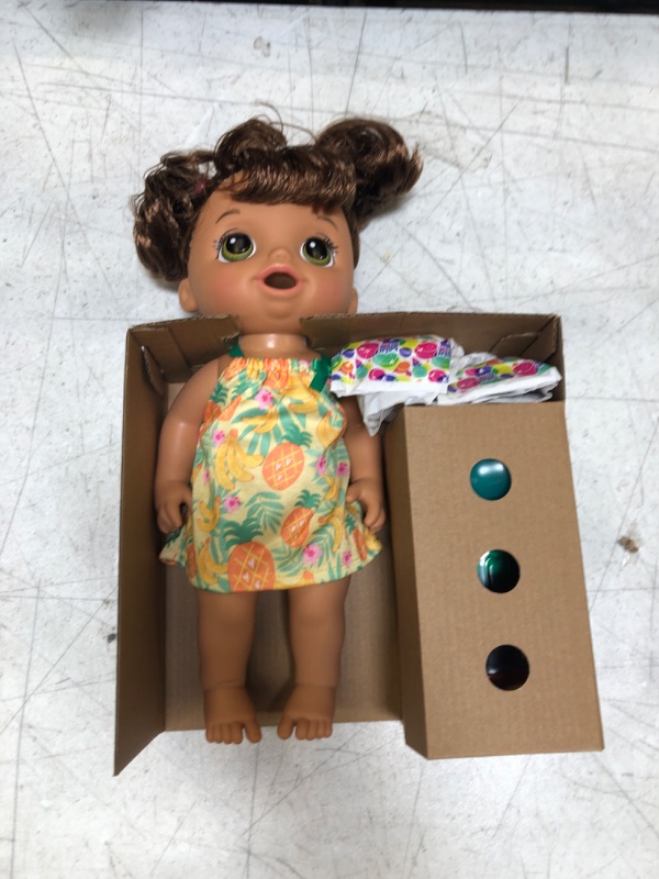 Photo 2 of Baby Alive Magical Mixer Baby Doll Tropical Treat with Blender Accessories, Drinks, Wets, Eats, Brown Hair Toy for Kids Ages 3 and Up Frustration-Free Packaging