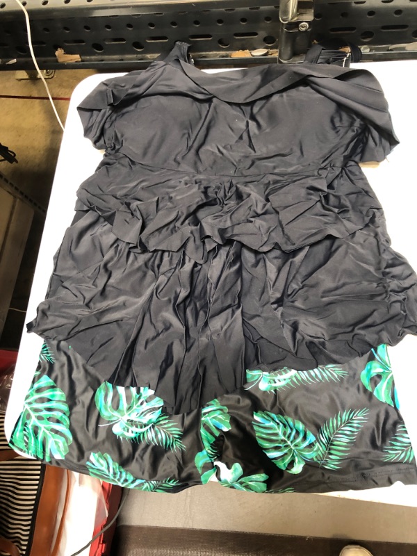 Photo 2 of Yonique Womens Plus Size Tankini Swimsuits with Shorts Flounce Two Piece Bathing Suit Floral Printed Swimwear Black Leaf 16 Plus