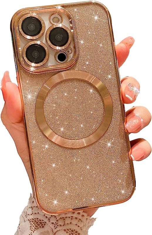 Photo 1 of  iPhone 13 Pro Magnetic Glitter Case, Luxury Plating Cute Bling Clear Phone Case, Compatible with MagSafe for Women Girls with Camera Protector Back Cover - Gold