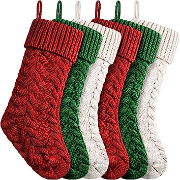 Photo 1 of 18 Inches Christmas Stockings Knit Xmas Stockings Large Fireplace Hanging Stockings for Family Christmas Decoration (Burgundy,Ivory,Green, 6)