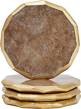 Photo 1 of 4 Pack Alabaster Selenite Geode Coasters for Drinks, Stone Slices with Gold Edge Trim (3.5 Inches)