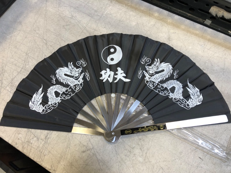 Photo 2 of 13 1/2 X 26 Steel Black Kung Fu Fan with Dragon Print
