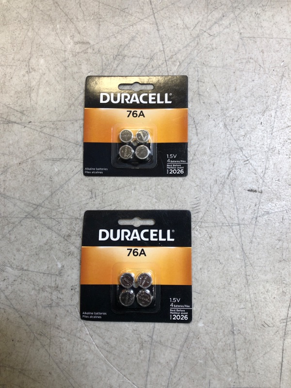 Photo 1 of 2CT OF Duracell 76A 1.5V Alkaline Battery, 4 Count Pack, 76A 1.5 Volt Alkaline Battery, Long-Lasting for Medical Devices, Watches, Key Fobs, and More