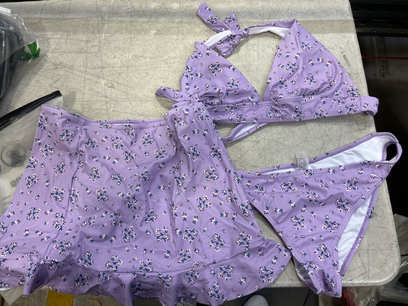 Photo 1 of Floerns Women's 3 Piece Bathing Suit High Cut Bikini Sets Swimsuit with Cover Up Skirt Large Purple