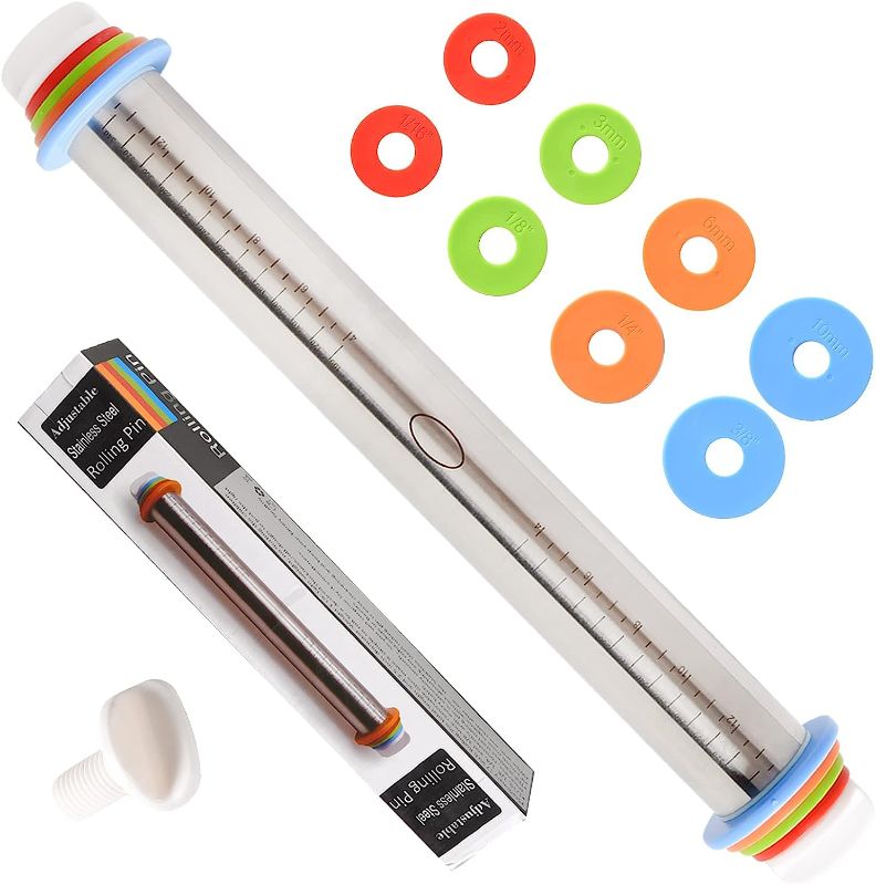 Photo 1 of Adjustable Rolling Pin With 4 Thickness Rings, Stainless Steel Dough Roller Pizza Roller Handle Press Design With Measurement Guide For Baking, Fondant, Pizza, Pie Crust, Cookie
