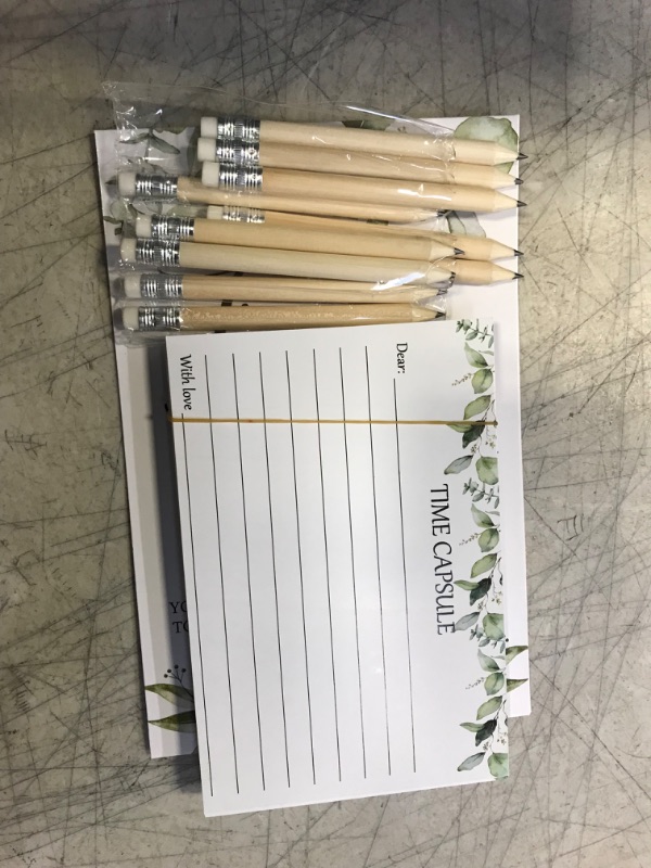 Photo 2 of 61 Pieces Baby Shower Games Include Time Capsule Sign and 50 Time Capsule Message Cards Greenery Advice and Wishes Cards Anniversary Card with 10 Pencils for Baby Shower Party Supplies
