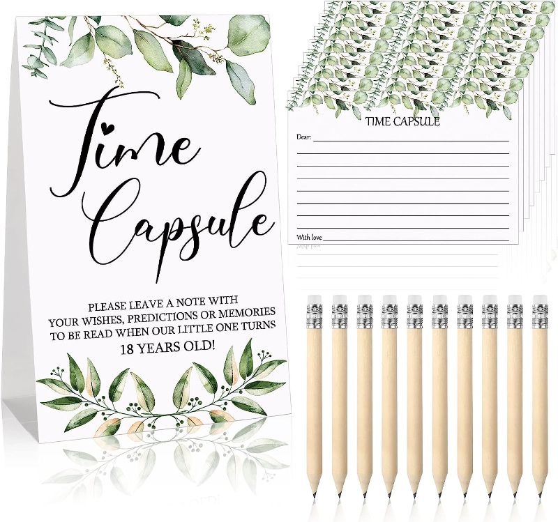 Photo 1 of 61 Pieces Baby Shower Games Include Time Capsule Sign and 50 Time Capsule Message Cards Greenery Advice and Wishes Cards Anniversary Card with 10 Pencils for Baby Shower Party Supplies
