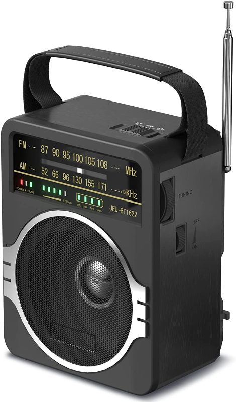 Photo 1 of JEUJUG Portable AM FM Radio, Bluetooth 5.0 Radio 5 Watts Loud Speaker,FM Radio Built-in Rechargeable Battery/DC D*4 Cell Battery Operated & AC Power Plug in Wall Radio Black
