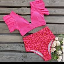 Photo 1 of  Hot Pink Flirty Ruffle High Waist Swimsuit 2 Piece  XL