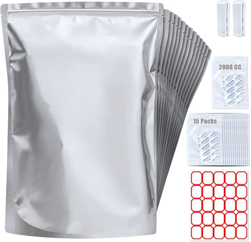 Photo 1 of 15 Pack 5 Gallon Mylar Bags with Oxygen Absorbers - 10.5 Mil Mylar Bags for Food Storage with 15 Single Sealed 2000cc Oxygen Absorbers & Labels & Clips - for Long Term Food Storage