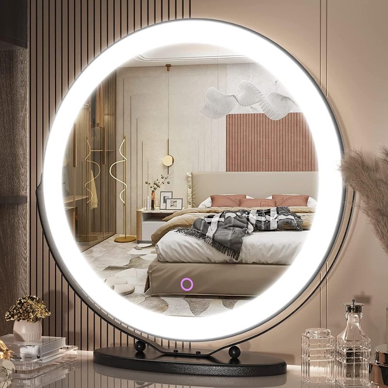 Photo 1 of 20 Inch Makeup Mirror Vanity Mirror with Lights, Round Lighted Makeup Mirror with Dimming LED Halo for Dressing Room & Bedroom Tabletop, Smart Touch Control, 3 Color Lighting Modes (Black)
