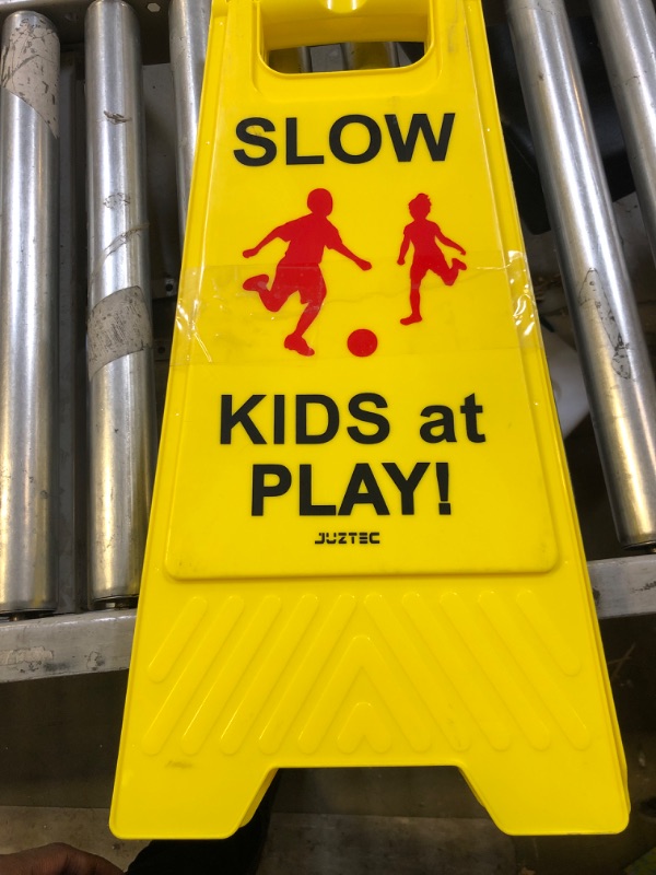 Photo 2 of Juztec Slow Children Playing Sign For Street, Caution Kids At Play Sign, Down traffic Safety signs outdoor (3 Pack) Yellow