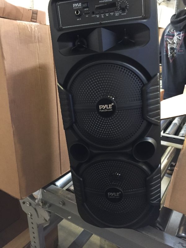 Photo 2 of Pyle Portable Bluetooth PA Speaker System - 600W Rechargeable Outdoor Bluetooth Speaker Portable PA System w/ Dual 8” Subwoofer 1” Tweeter, Microphone In, Party Lights, USB, Radio, Remote - PPHP2835B