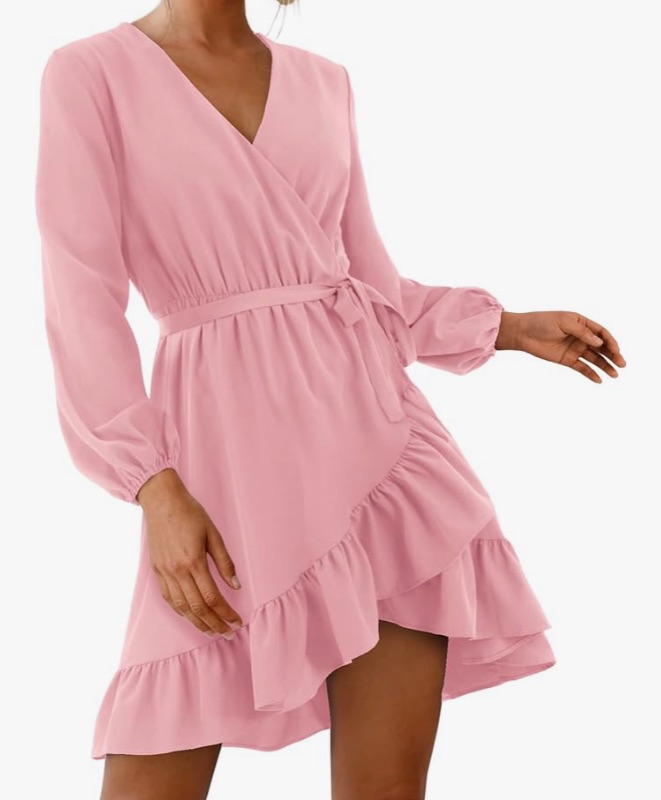 Photo 1 of Amoretu Womens Short/Long Sleeve Dress Wrap V Neck Ruffle Hem Mini Summer Fall Dresses Large