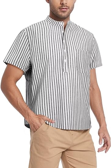 Photo 1 of BAYAMO Men's Beach Shirts Linen Summer Button Down Shirts Casual Henley Short Sleeve T Shirt with Pocket Large 
