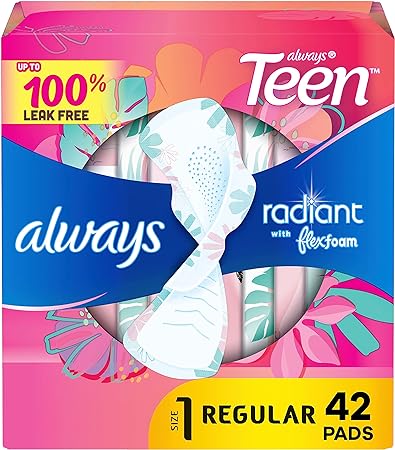 Photo 1 of Always Radiant Teen Feminine Pads For Women, Size 1 Regular Absorbency, With Flexfoam, With Wings, Unscented, 42 Count
