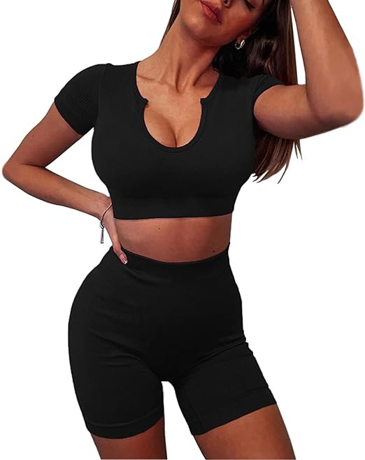 Photo 1 of DDBO 2 Piece Workout Outfits Set for Women Seamless Ribbed High Waist Sports Shorts Yoga Crop Top Gym Set Med 
