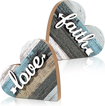 Photo 1 of 2 Pcs Rustic Wood Love Home Sign Heart Shaped Wooden Table Centerpiece Farmhouse Buffalo Plaid Family Sign for Home Living Room Kitchen dining room Table Decoration (Love Style)
