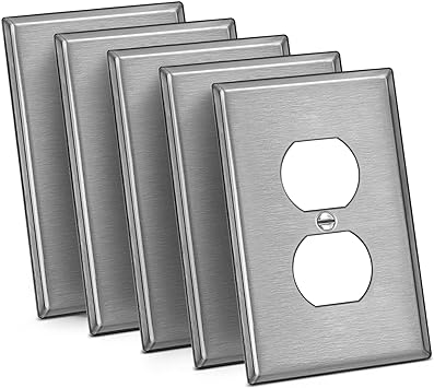 Photo 1 of [5 Pack] BESTTEN 1-Gang Mid-Size Duplex Receptacle Metal Wall Plate with ?hite or Clear Plastic Film, Stainless Steel Midway Outlet Cover, Corrosion Resistant, Brushed Finish, Silver
