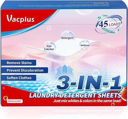 Photo 1 of Vacplus Biodegradable Laundry Detergent Sheets - Liquidless Travel Laundry Detergent, Multipurpose Laundry Detergent Strips with Fabric Softener & Dye Catcher, Plastic-Free & Mess-Free (45 Pack)
