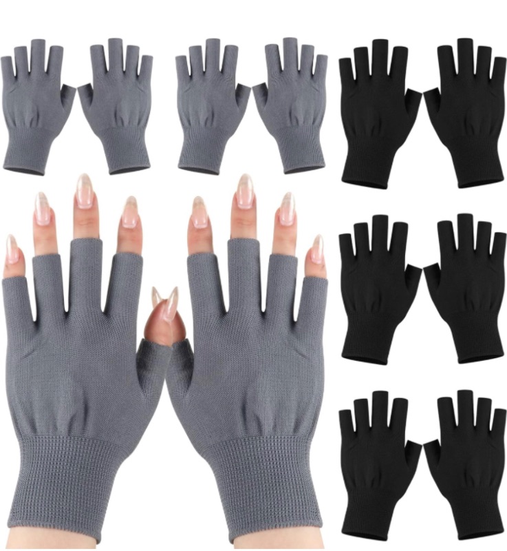 Photo 1 of  UV Gloves for Nails UV Protection Gloves for Gel Nail Lamp Nail Art Skin Care Fingerless Gloves Moisturizing Gloves for Protecting Hands from UV Light, Grey Black