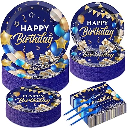 Photo 1 of 50 Guests Blue and Gold Birthday Plates and Napkins Party Supplies Navy Blue Party Tableware Set Blue Birthday Party Plates Happy Birthday Decorations Favors for Men Women Birthday Baby Shower 200 PCS
