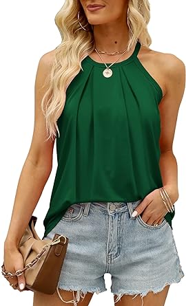 Photo 1 of Eachyes Womens Halter Tops Summer Sleeveless Flowy Loose Fit Pleated Tank Top and Blouses Lage
