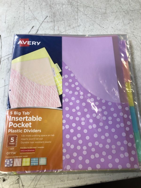 Photo 2 of Avery Big Tab Insertable Pocket Dividers for 3 Ring Binders, 5-Tab Set, Assorted Designs, 3 Sets (11255)