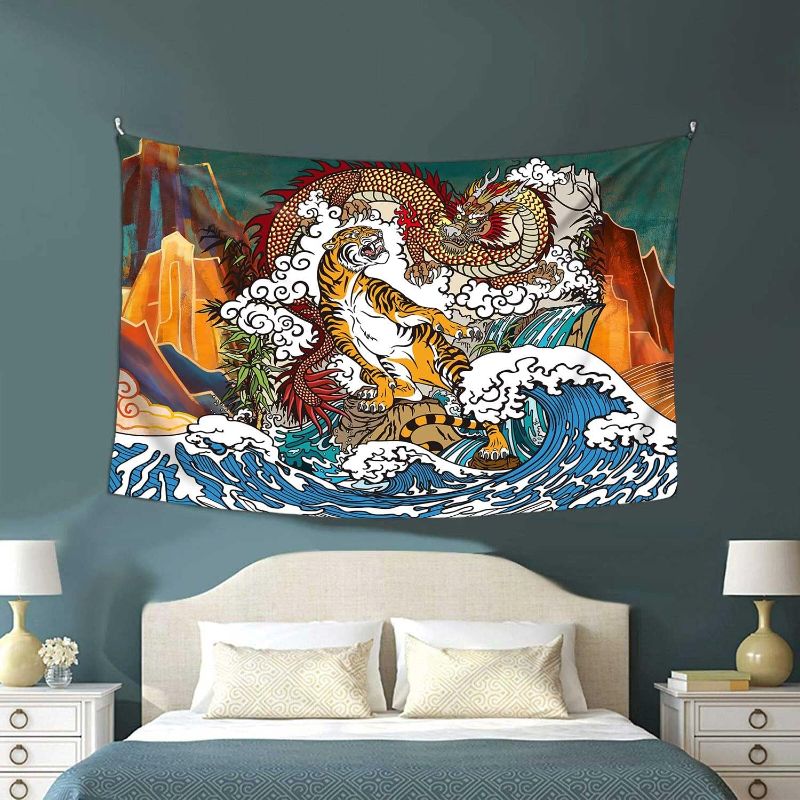 Photo 1 of DBLLF Japanese Ukiyo-e Tapestry Dragons and Tigers Frolic Among Mountain Waterfall Rocks and Bamboos Tapestry, Great Wave Backdrop 60 x 40 Small Flannel Art Large Tapestries GTYYDB2921
