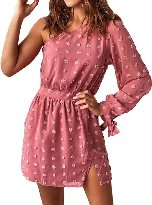 Photo 1 of BTFBM Women One Shoulder Long Sleeve Casual Summer Dresses 2023 Spring Swiss Dot Split Flowy Short Mini A-Line Dress- size m 
