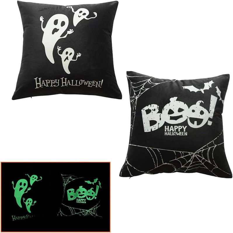 Photo 1 of Joizomou Halloween Pillow Covers 18x18 Ghost Pillow Halloween Pillows Cute Halloween Decor Black Halloween Throw Pillows for Sofa Couch Decorations (Lantern and Ghost)
