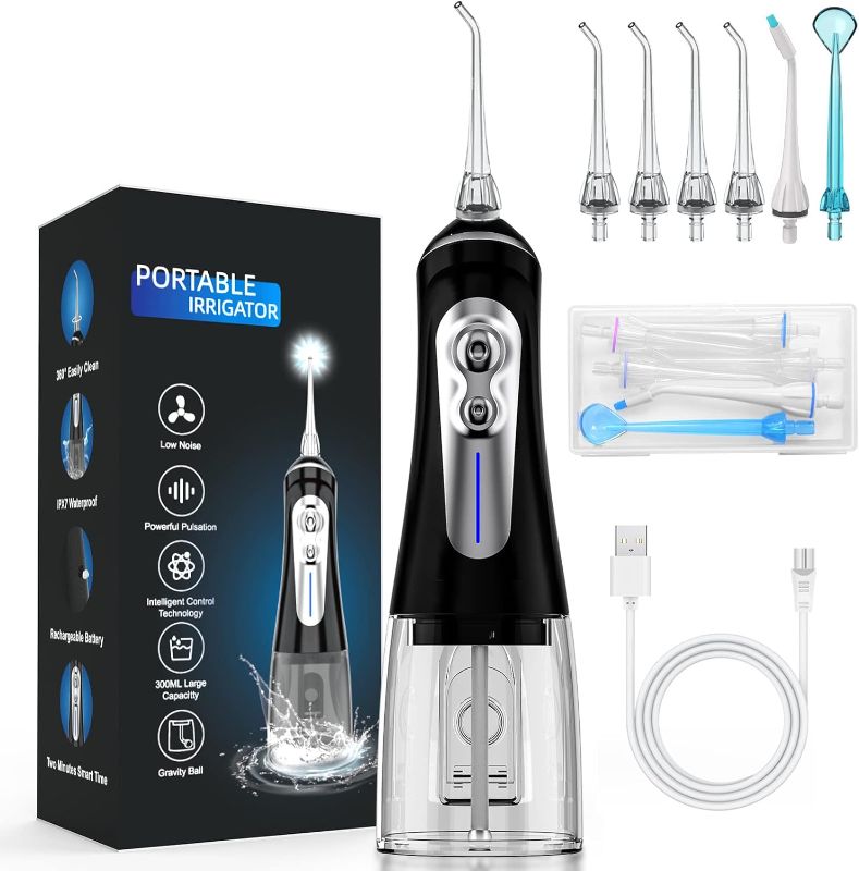 Photo 1 of NBGRLVS Water Dental Picks for Teeth Cleaning,6 Modes 6 Tips and Storage Case Water Dental Flossers Cordless 320ML IPX 7 Waterproof Rechargeable Portable Electric Dental Flosser for Trave Home (Black)
