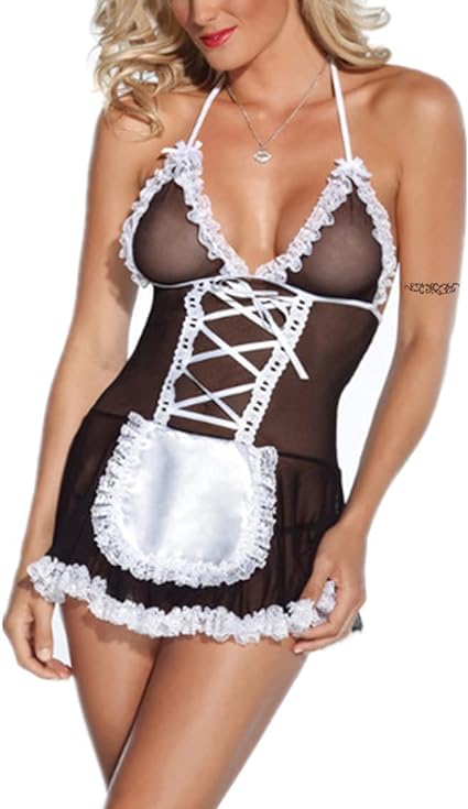Photo 1 of HOTSO Women French Maid Outfit Costume Sexy Lingerie Sheer Naughty Servant Uniform Cosplay Lace Babydoll Apron Fancy Dress
